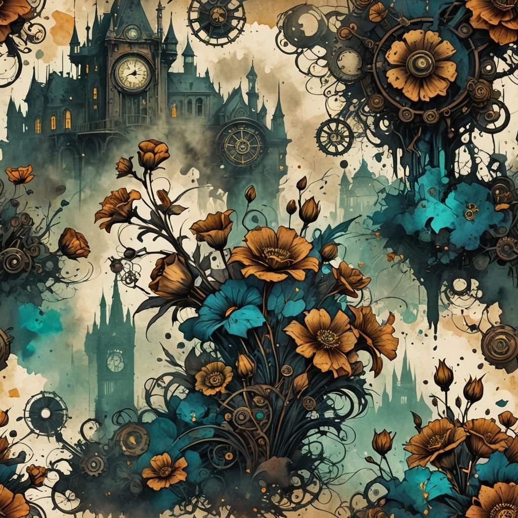 Steampunk Flowers in Ink Painting Style