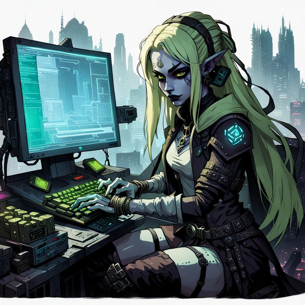 Cyberpunk Half-Drow Girl on Computer, Matte Painting