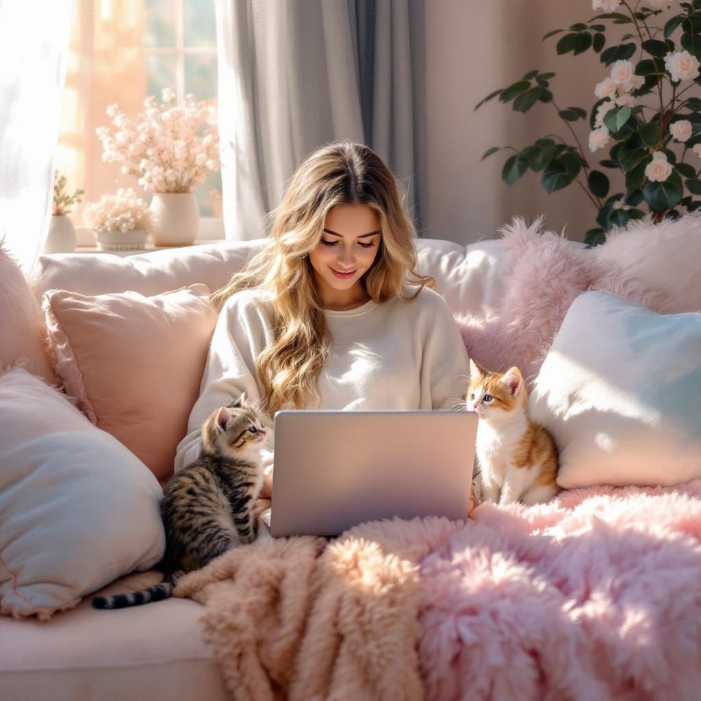 Woman with Kittens: Whimsical Pastel Art