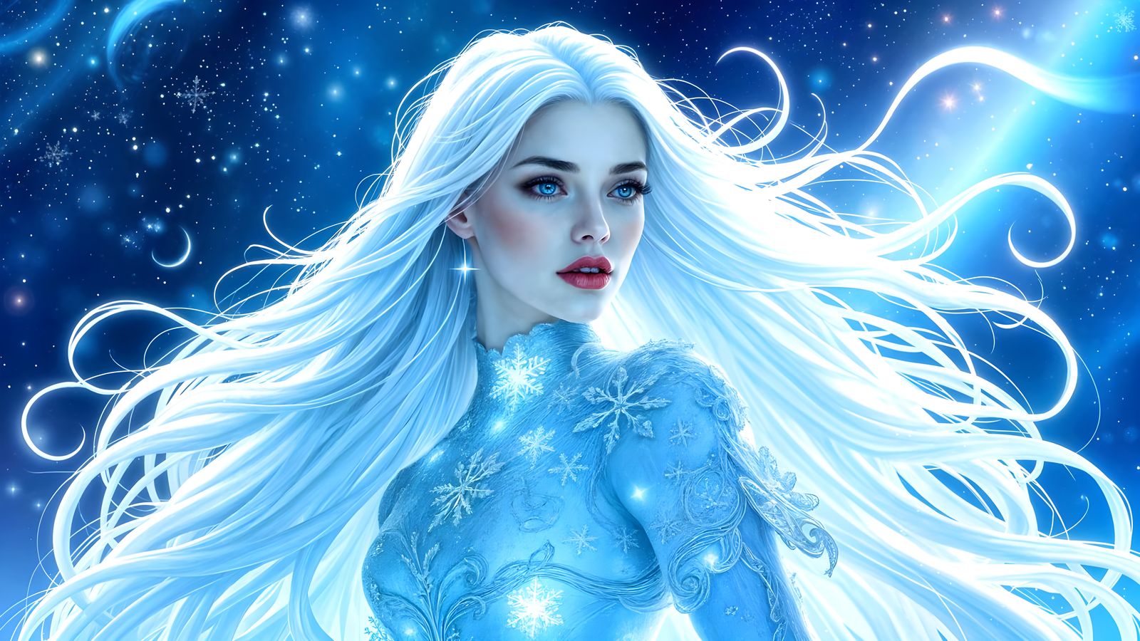 Ethereal Snow Queen Radiates Icy Beauty in Starlit Cosmic Sc...