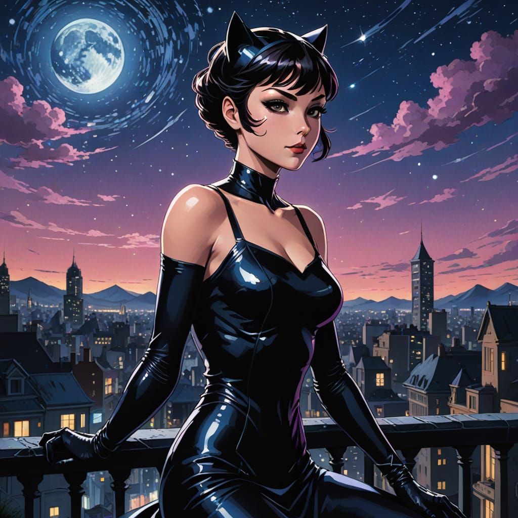 Anime Catwoman in Elegant Evening Attire