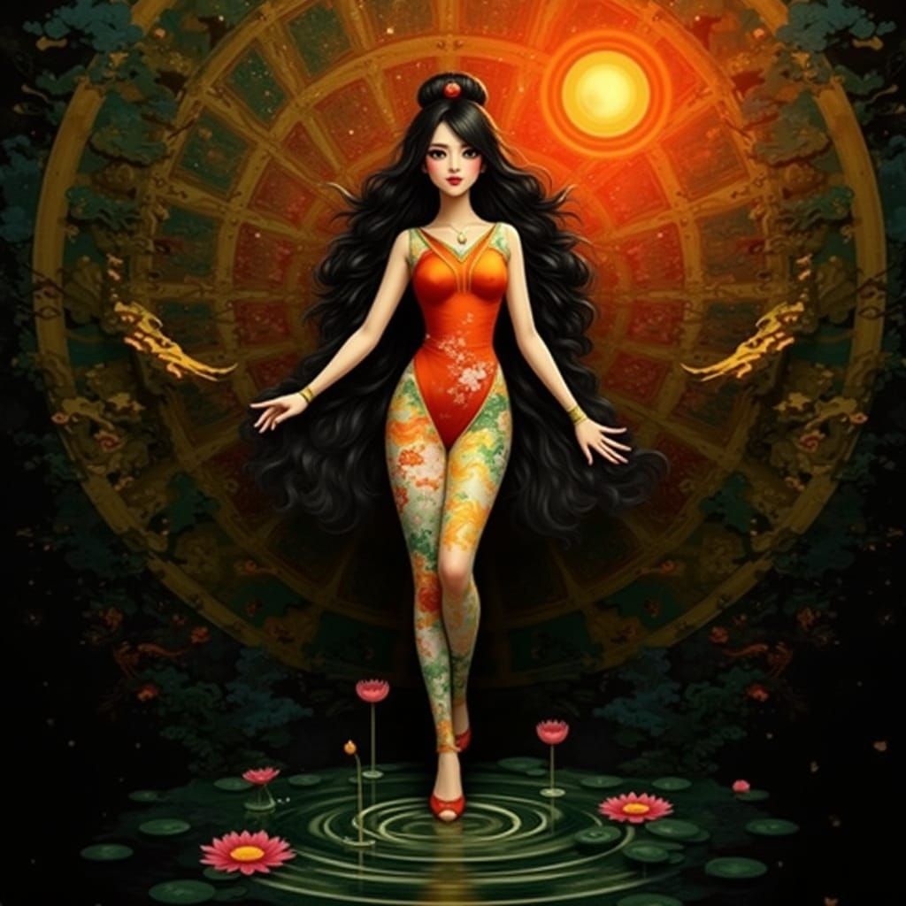 Geisha Portrait with Mirrored Reflection in Hyperrealism