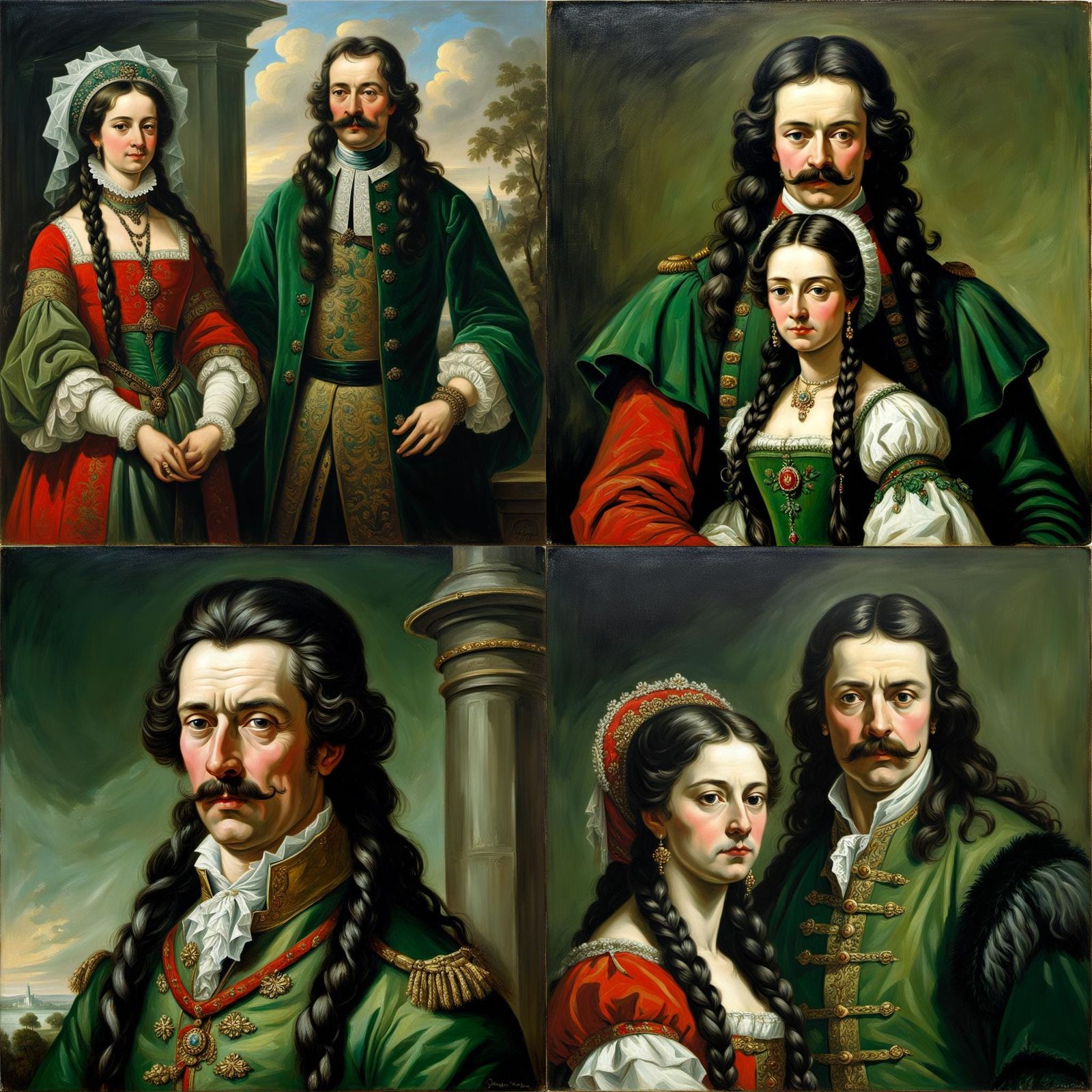 Russian Couple in 17th-18th Century, Oil Painting