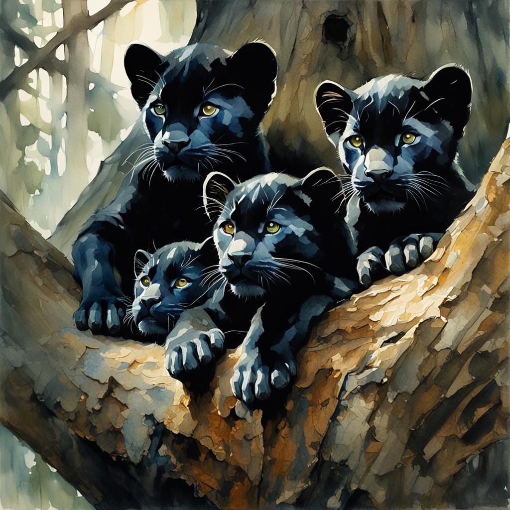 Panther Cubs Hiding: Watercolor Fantasy Art