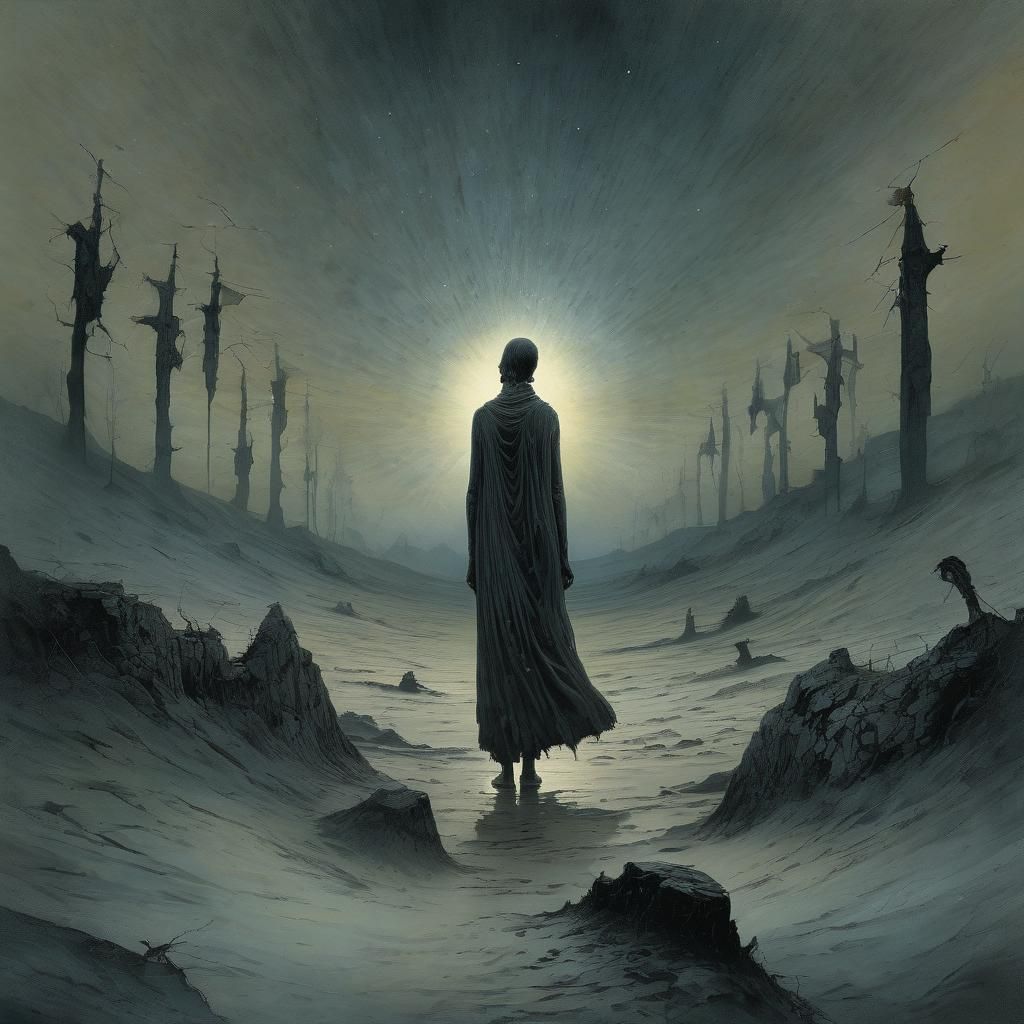 Ethereal Spirit Gazing at Sun in Surreal Style