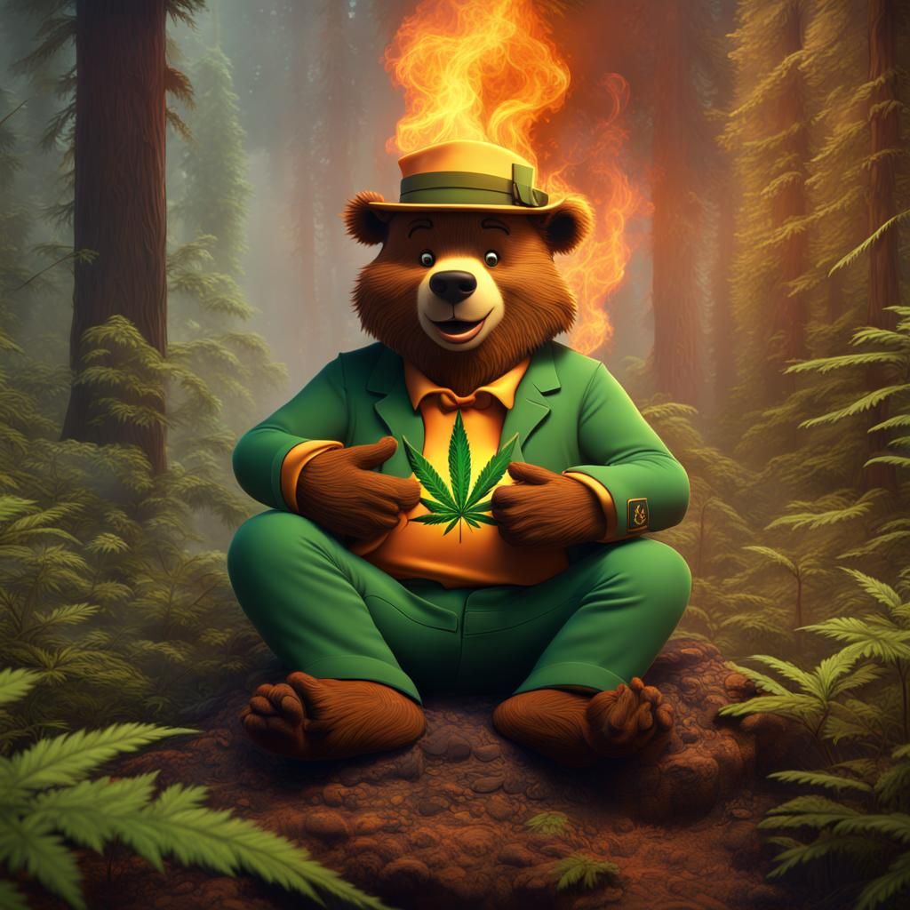 Yogi Bear Smoking a Marijuana Leaf in Flames