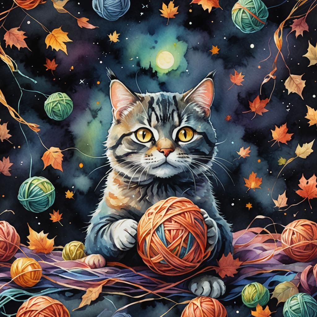 Cat with Yarn in Watercolor Astral Style
