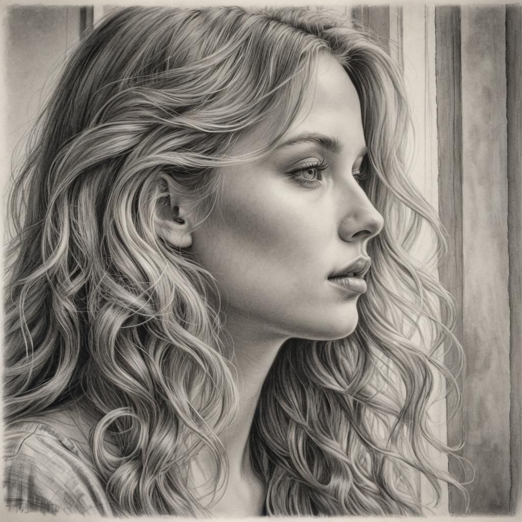 Woman with Wavy Hair: Detailed Pencil Drawing