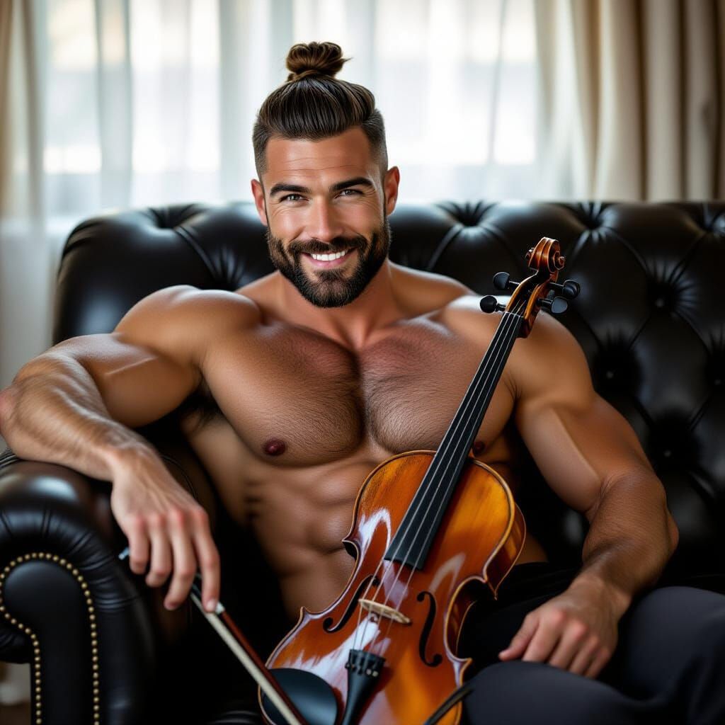 Masculine Man on Leather Sofa with Violin