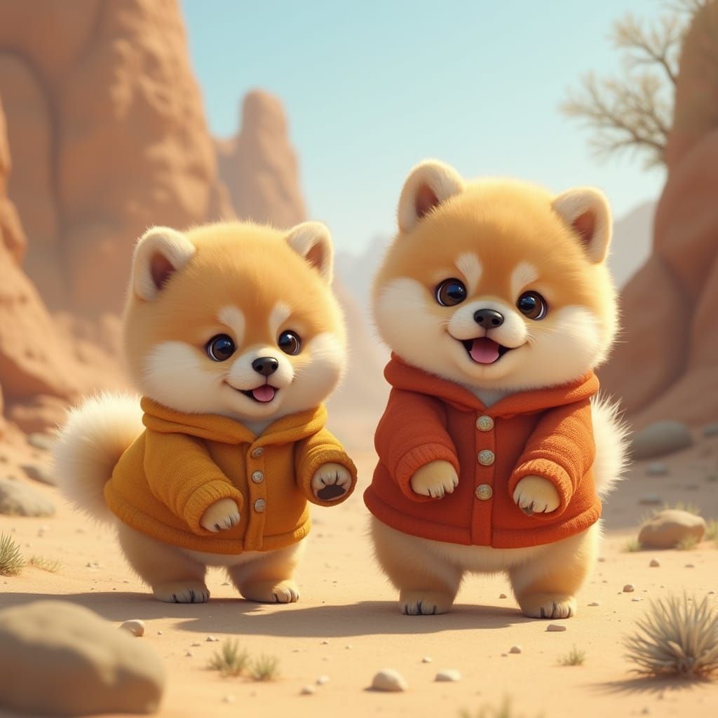 Cute Desert Pomeranians Play with a Gentle Mountain Lion