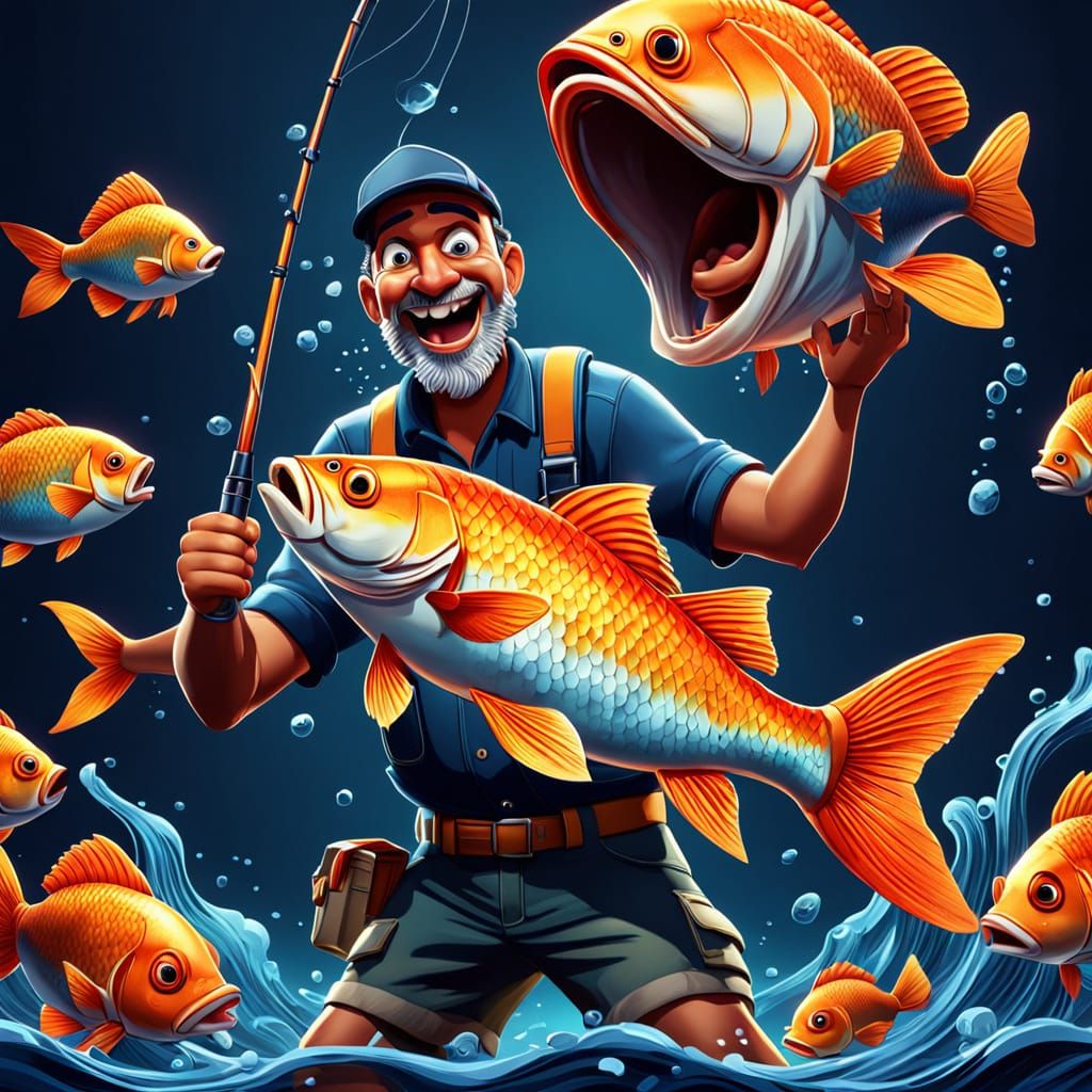 Happy Fisherman and Fish in Cartoon Splash Art