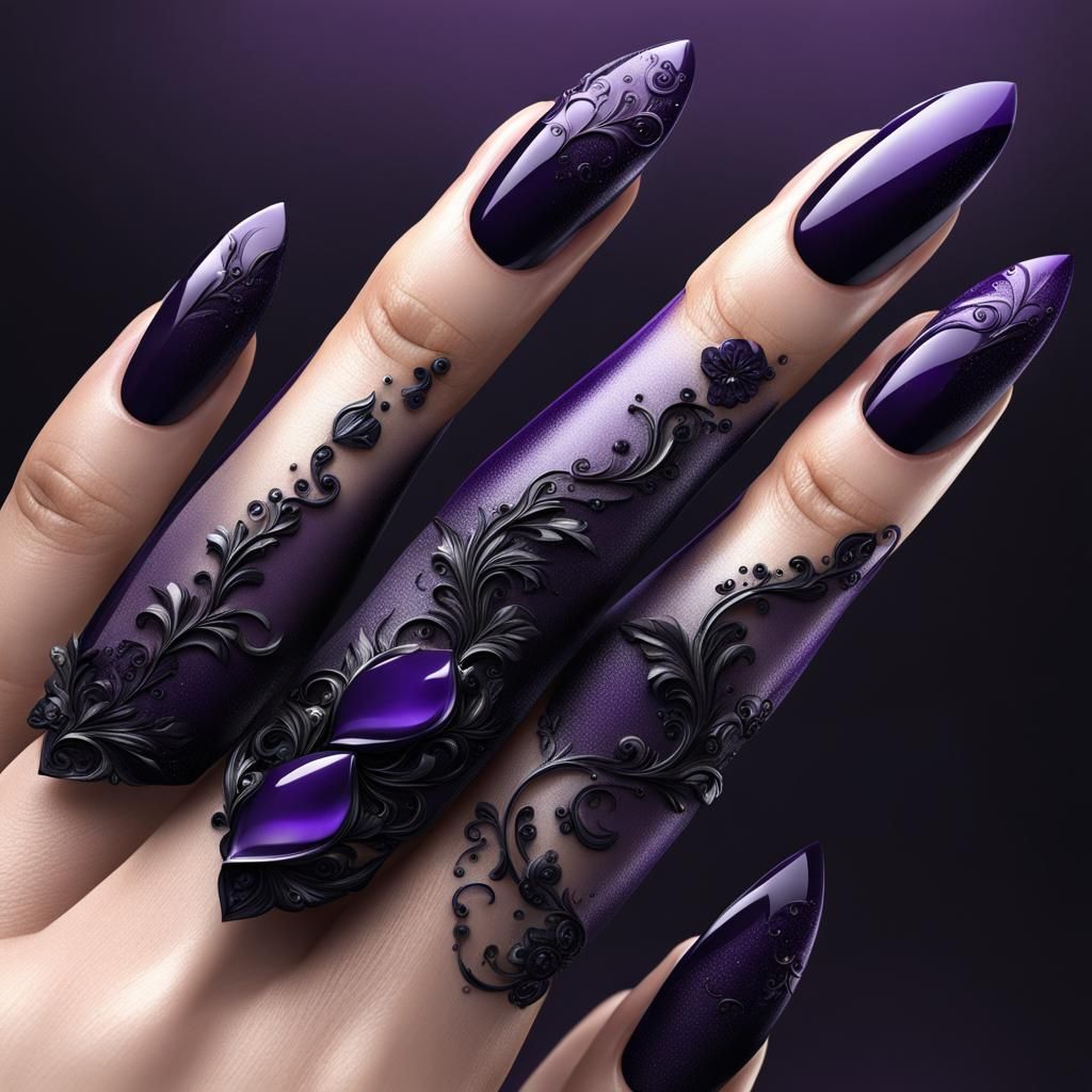 Elegant Black and Purple Nail Design in Matte Painting