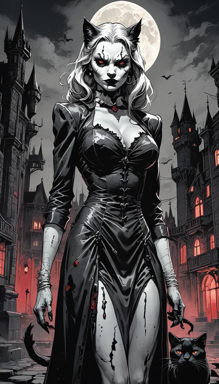 Comic Style Vampire Cat Couple in Sin City