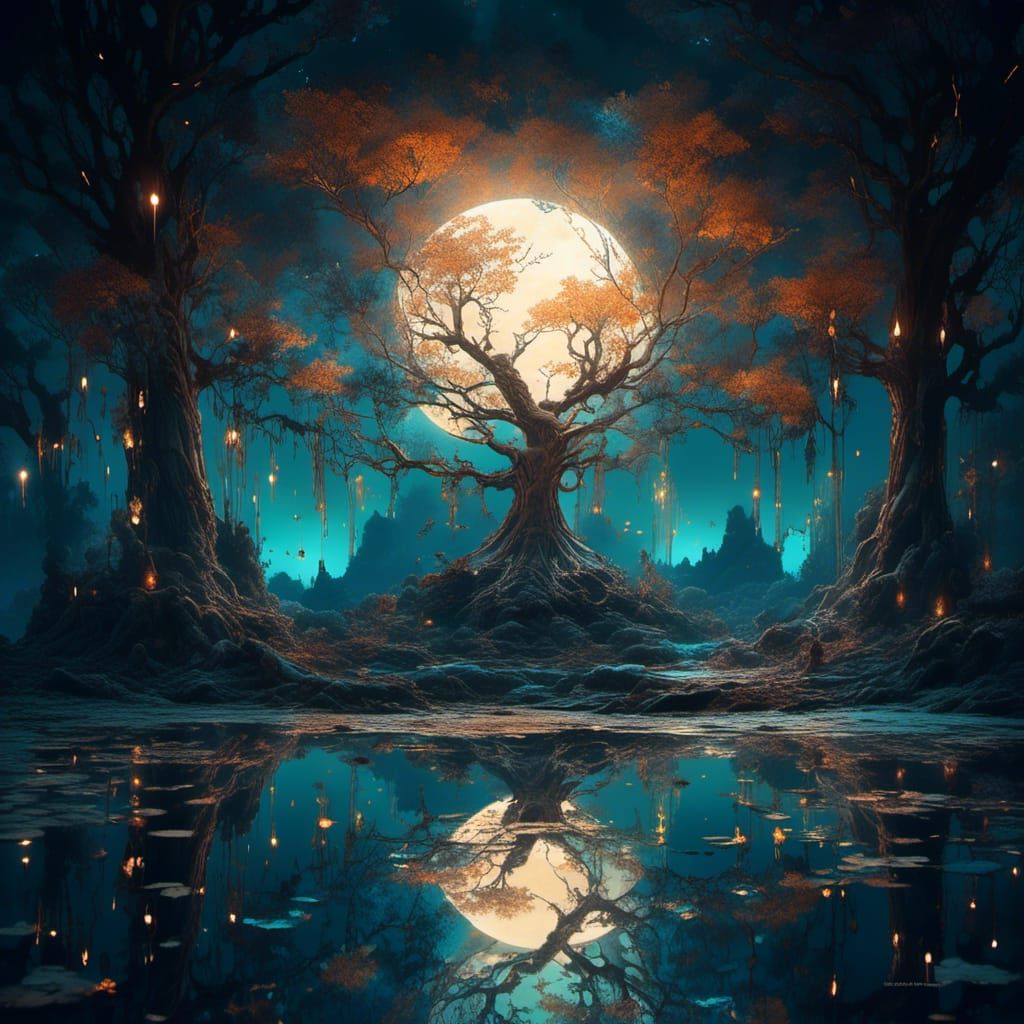 Moonlit Forest Tree in Mythic Anime Style
