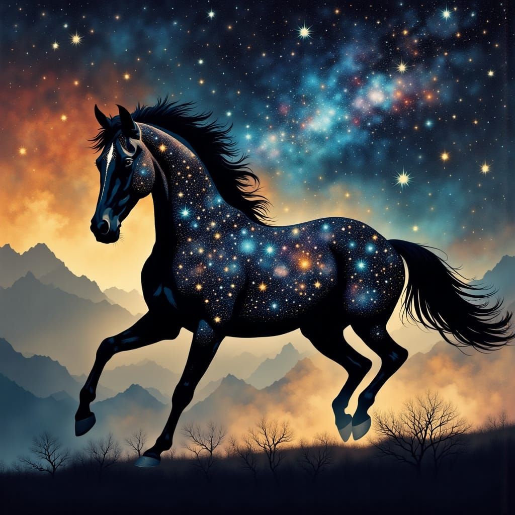 Cosmic Horse Galloping Through Starry Night