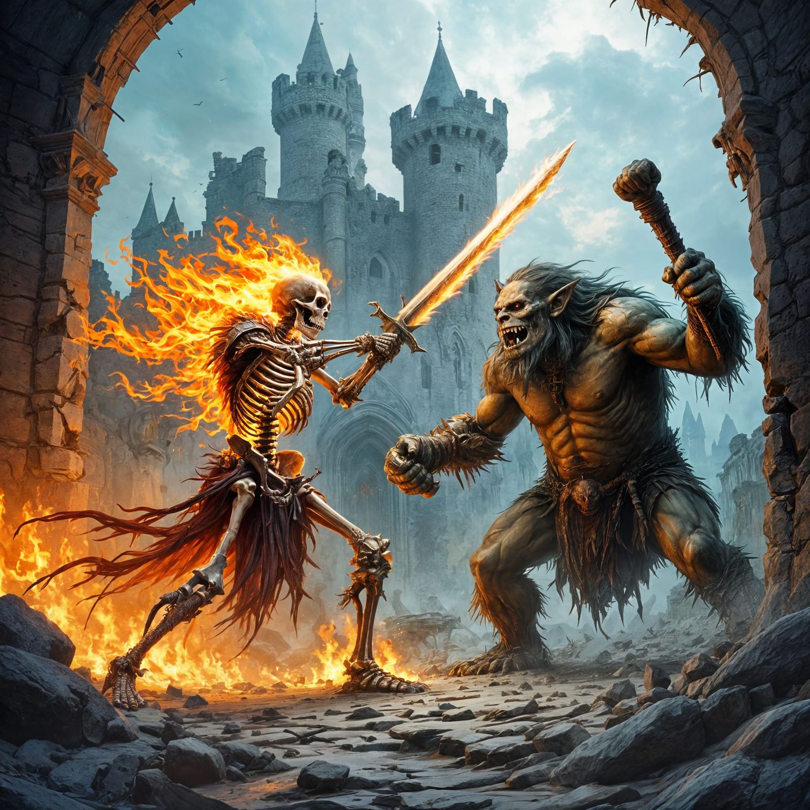 Flaming Skeletal Warrior vs Troll in Ruined Castle