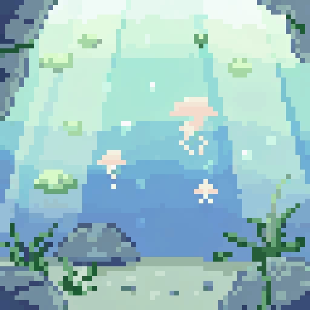Vibrant Underwater Cave Scene in Pixel Art Style