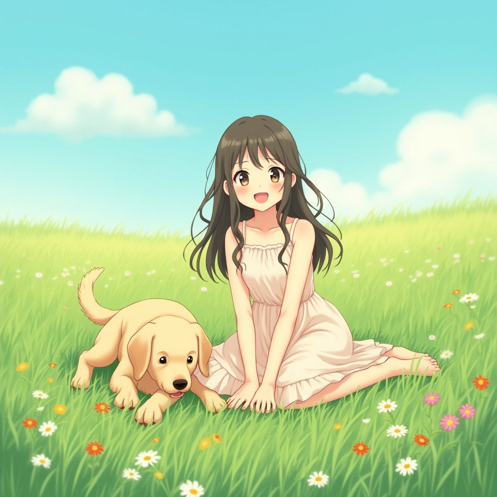 Girl and Labrador in Anime Key Visual Style