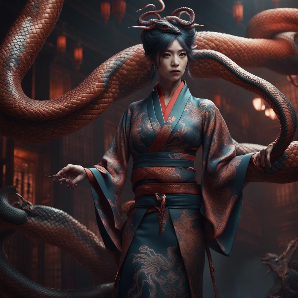 Fantastical Japanese Snake Woman in Detailed Matte Painting
