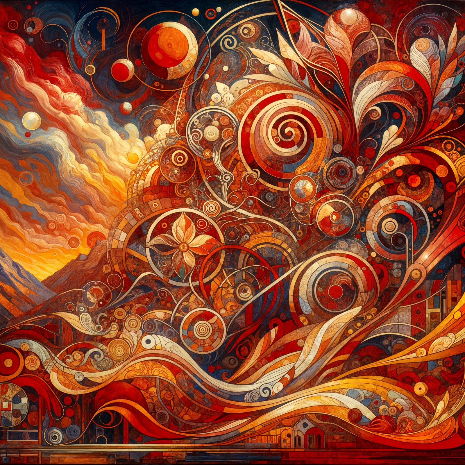 Vibrant Red Scene with Symbolic Forms, Oil on Canvas