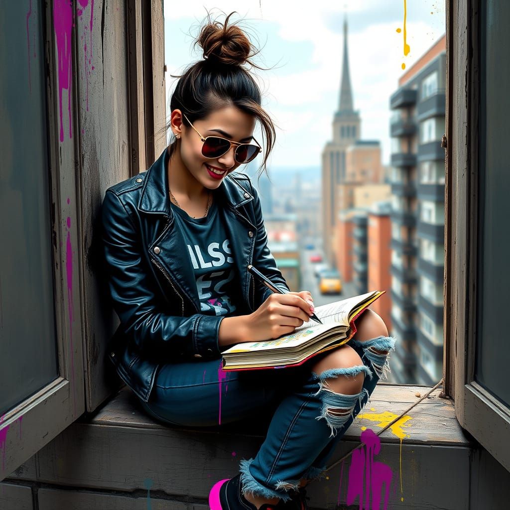 Vibrant Woman in Eclectic Outfit Sits on City Window Ledge