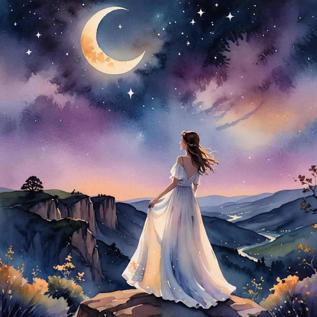 Dreamy Girl Overlooks Starry Sky: Watercolor Illustration