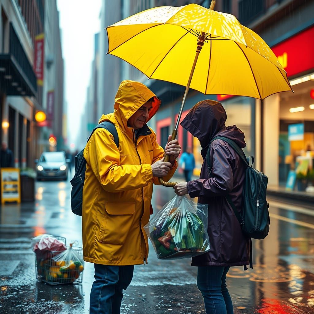 Kindness in the Rain: Umbrella Helps with Spilled Groceries