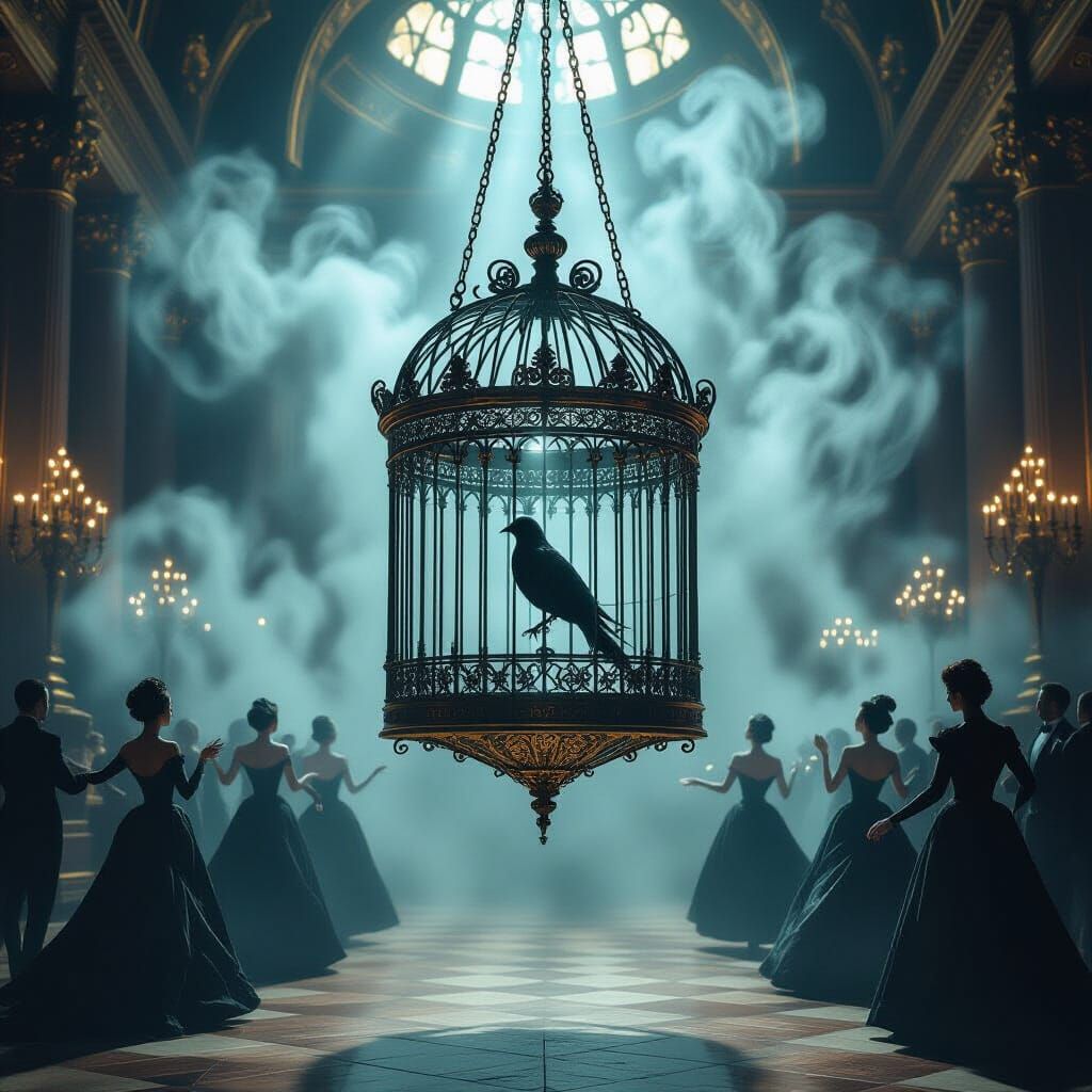 Gilded Birdcage in Shadowy Ballroom with Mystical Smoke
