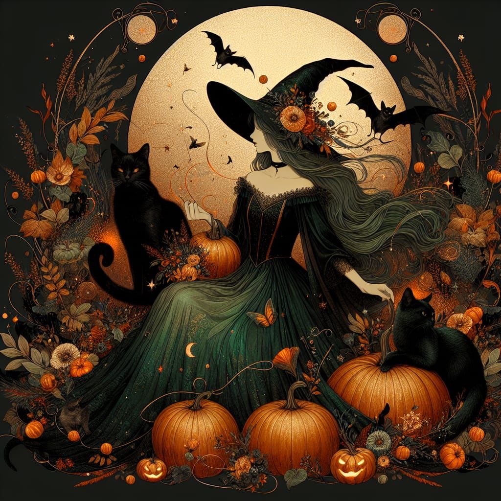 Enchanting Witch and Black Cat in Halloween Night Scene