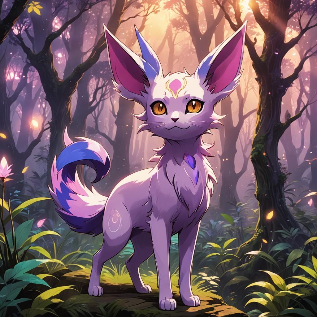 Espeon in Mystical Forest: Vibrant Anime Illustration