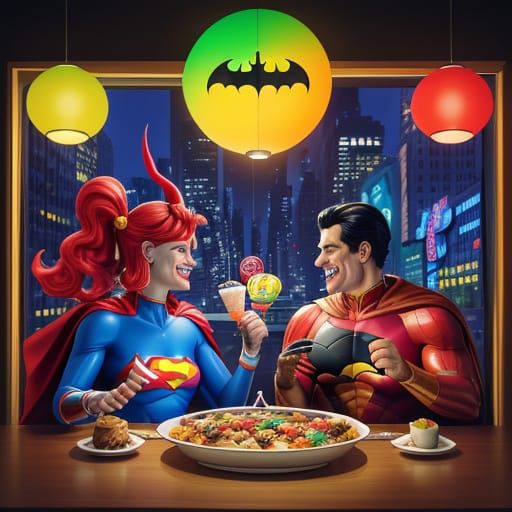 Superman and Batman Enjoying a Hotpot Dinner