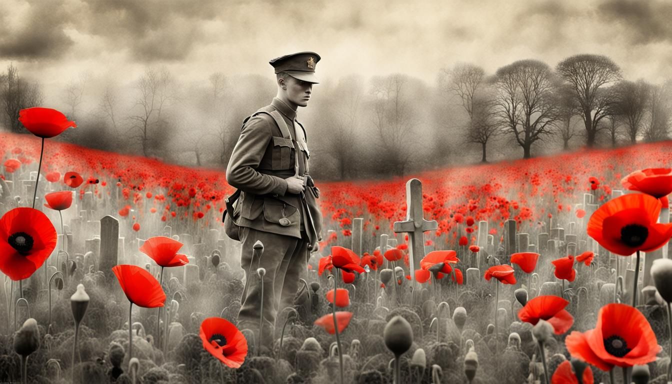 Poppy Field Double Exposure in Ink Wash Style