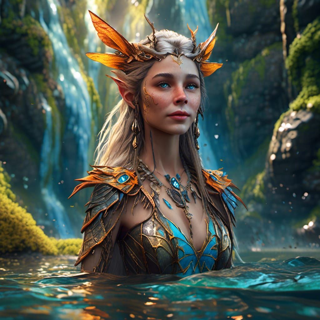 Elf by Lagoon Waterfall in Hyperrealistic Splash Art