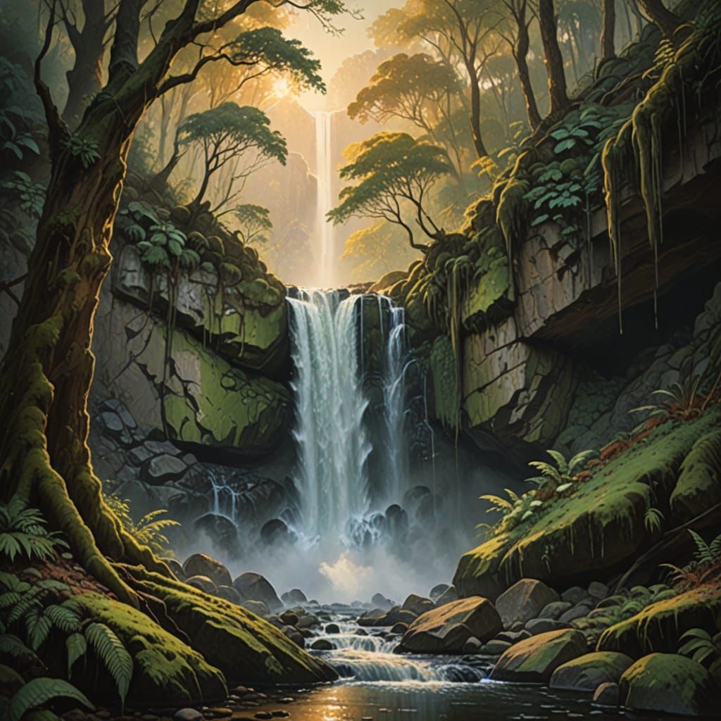 Hidden Waterfall in Forest Cave: Oil Painting