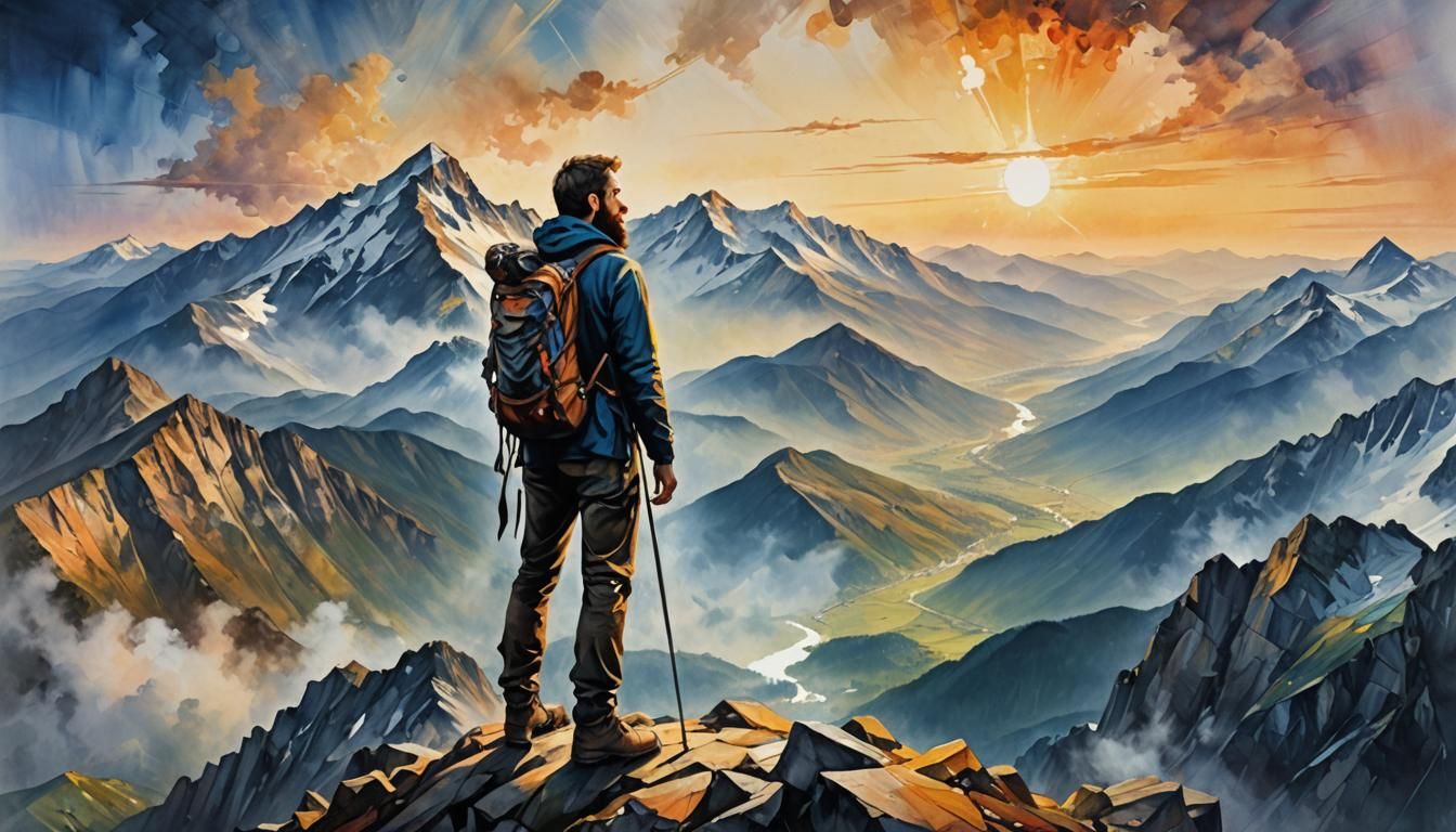 Mountaineer's Solitude: Double Exposure Portrait at Sunrise