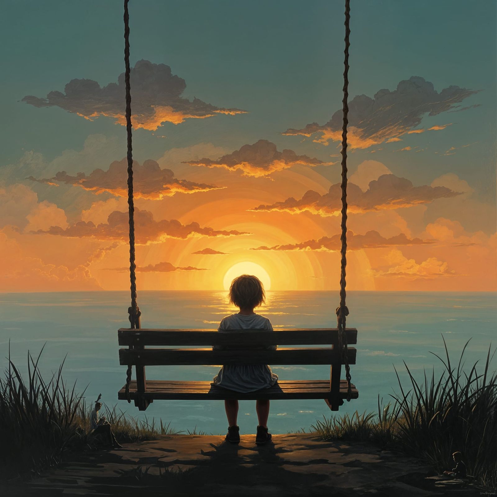 Child on Swing Gazes at Glowing Horizon in Impasto Style