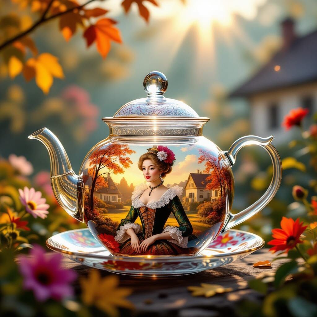 Antique Glass Teapot with 18th Century Fashionista and Autum...