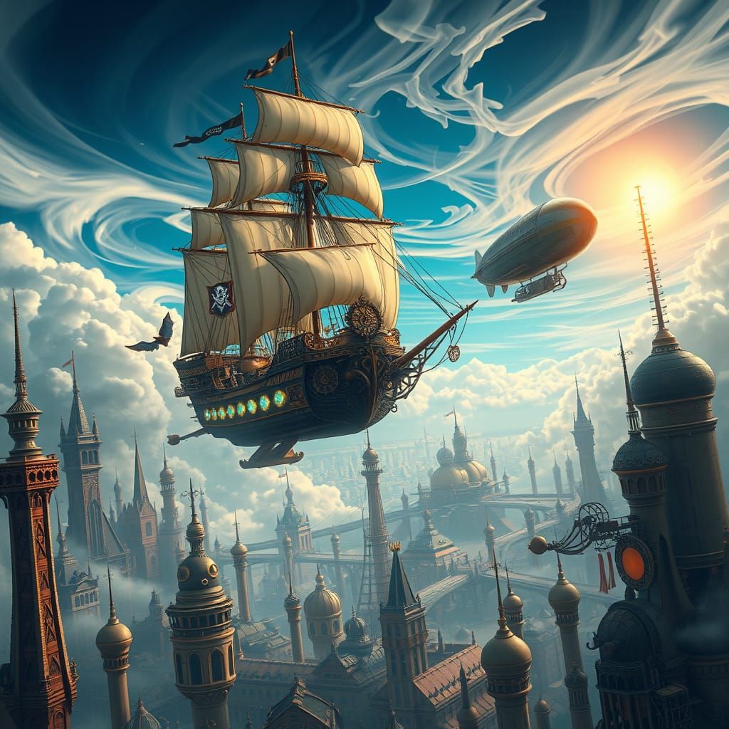 Steampunk Pirate Ship Soaring Above Futuristic City