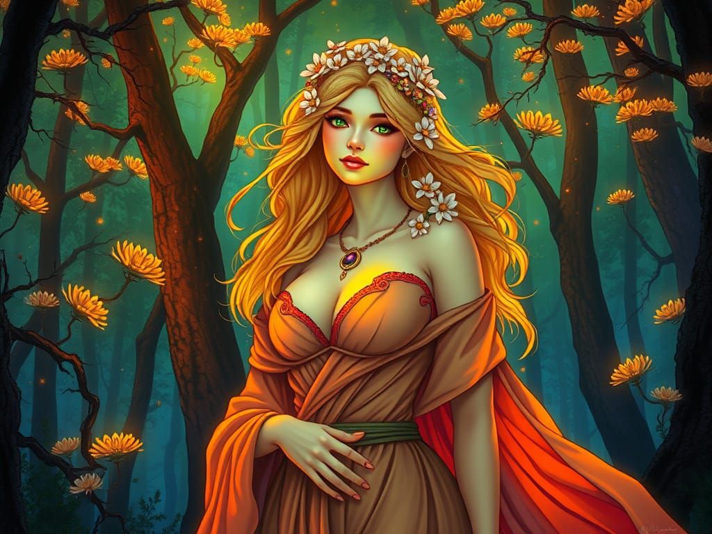 Goddess in Bioluminescent Forest, Klimt & Frazetta Inspired