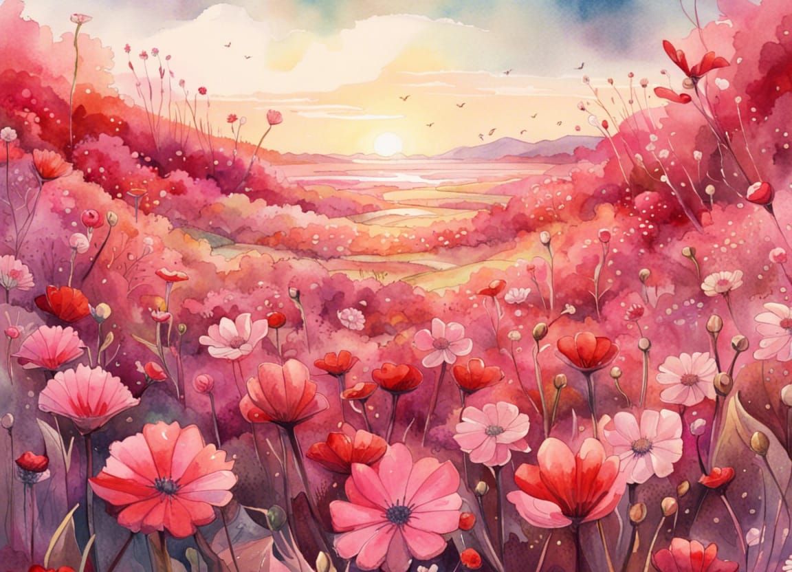 Fantasy Watercolor of Pink and Red Flower Field