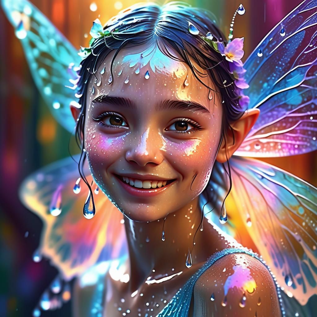Raindrop Fairy in Iridescent Mist: Hyperrealistic Art