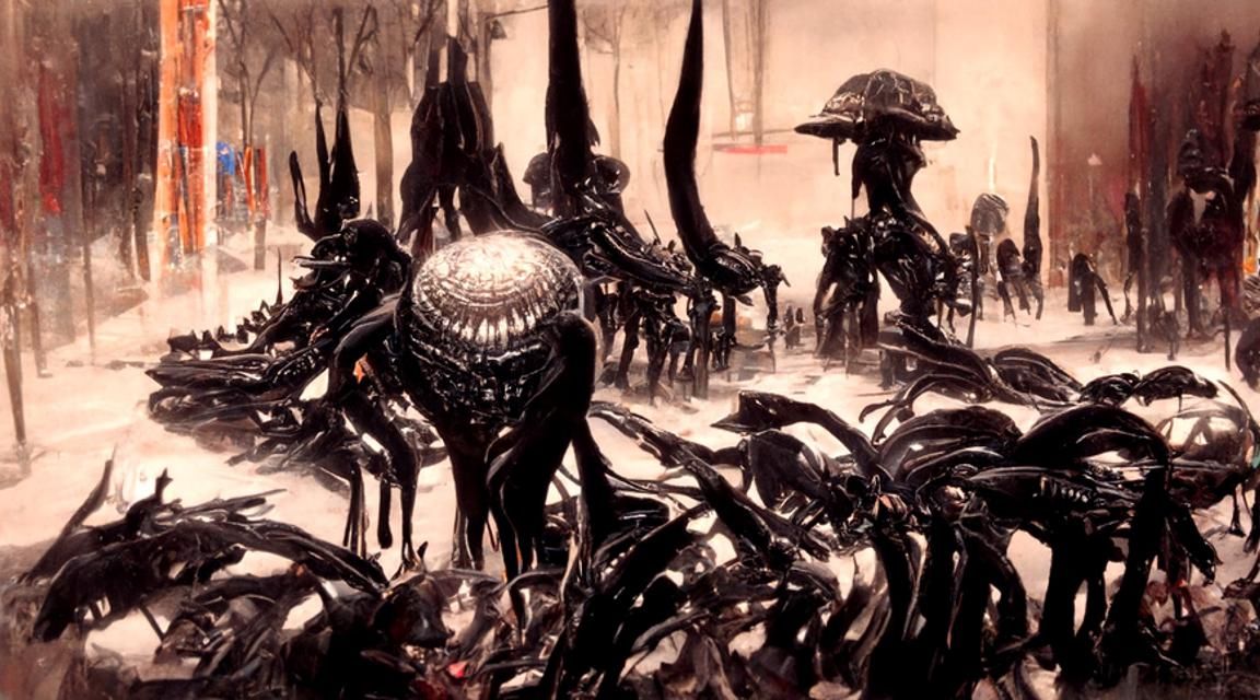 Xenomorph Army on Alien World in Ukiyo-e Style