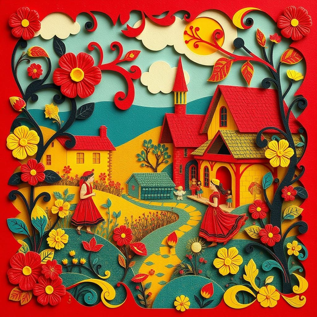 Polish Folk Art Village Scene with Intricate Cut-Out Details