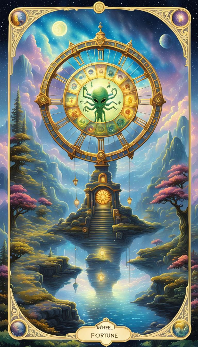 Alien Wheel of Fortune Tarot Card in Cartoon Style