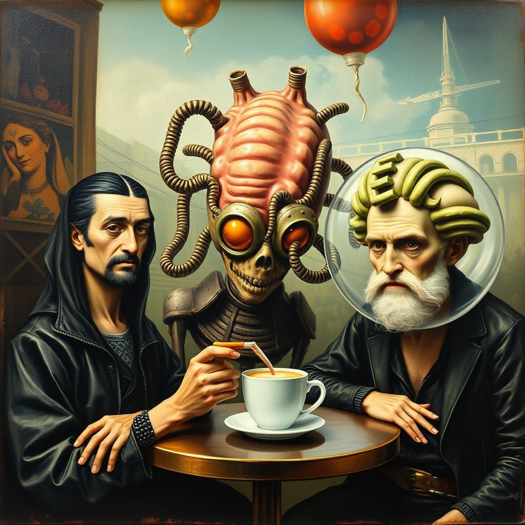 Surrealist Cyberpunk Landscape with Futuristic Café Scene