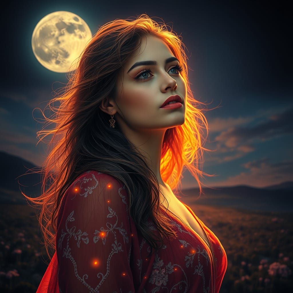 Woman in Dreamlike Landscape with Moonlight