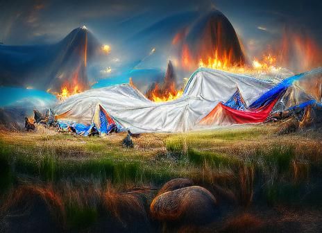 Tent City Ablaze in Dark Fantasy Style