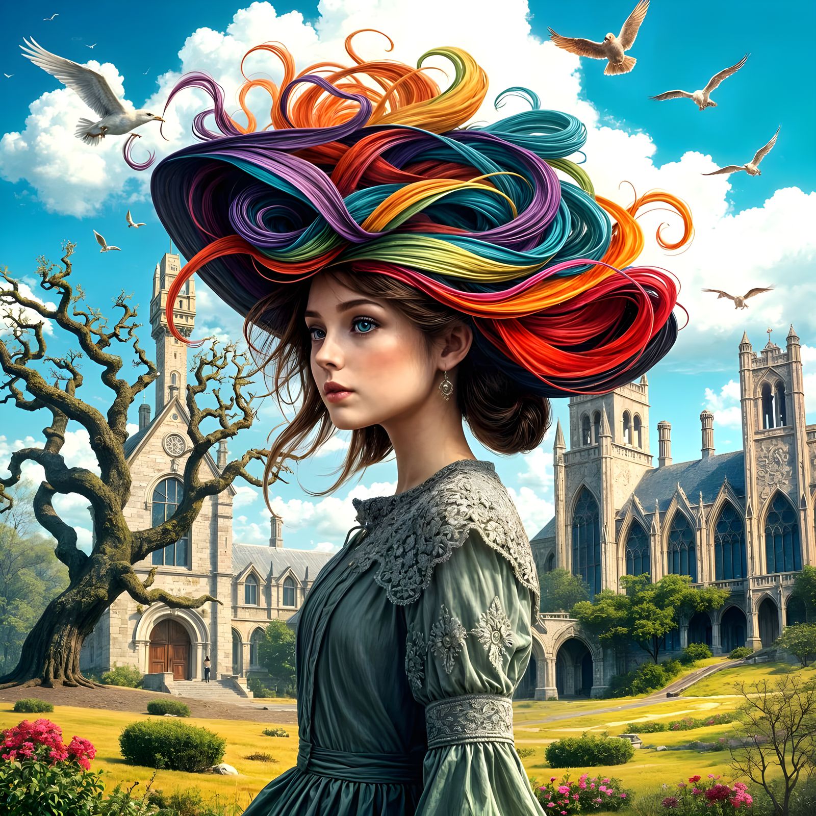 Young Lady in Vibrant Headpiece Amidst Whimsical Cityscape