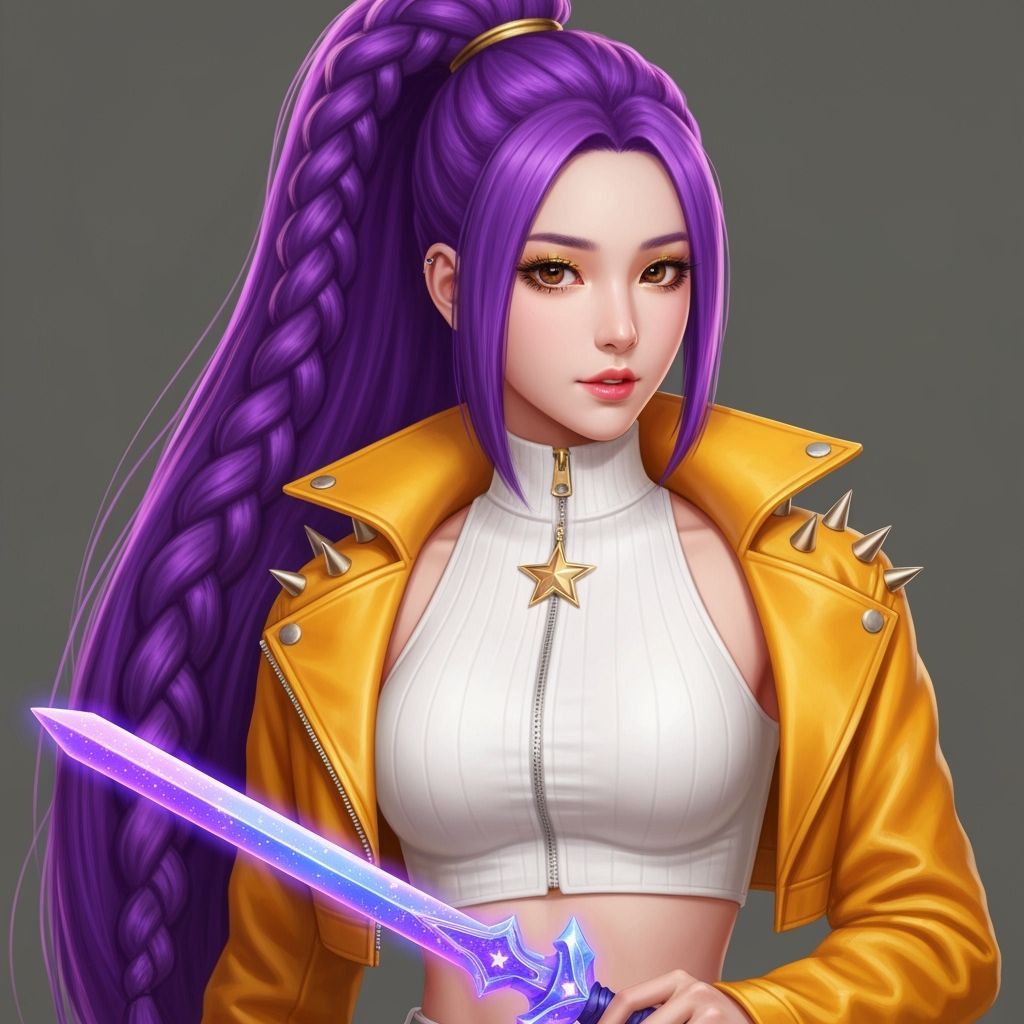 Athletic Woman with Purple Hair and Iridescent Sword