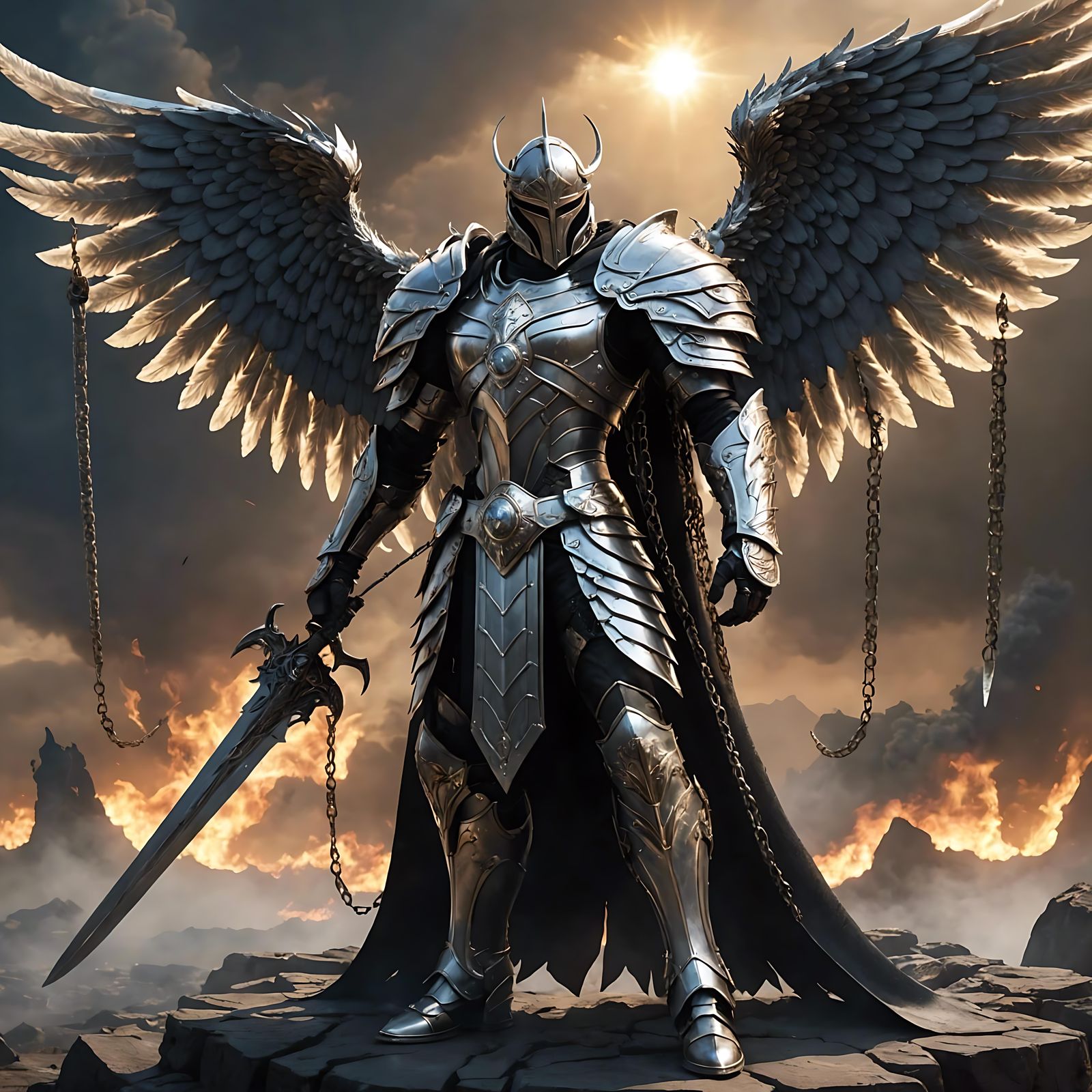 Fallen Angel in Silver Armor with Smoky Wings